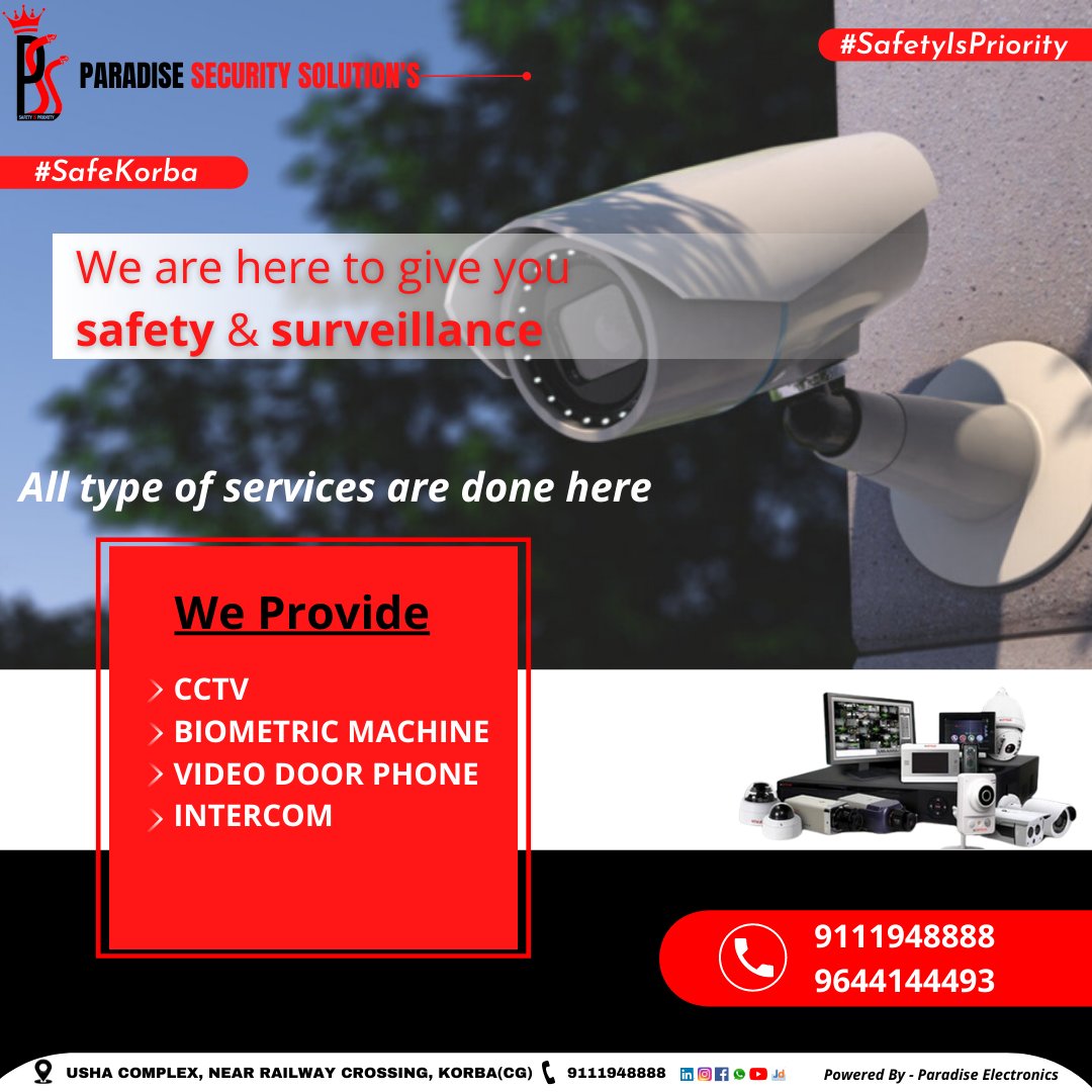 psskorba's tweet photo. PARADISE SECURITY SOLUTION'S
#safetyispriority
#safekorba
.
For more info call us : 9111948888
.
.
#security #safety #cctv #cctvcamera #korba #korbachhattisgarh #surveillance #safetyfirst #domecamera #bulletcamera #vdp #videodoorphone #biometricmachine #cctvaccessories https://t.co/6NBlyhMzEl