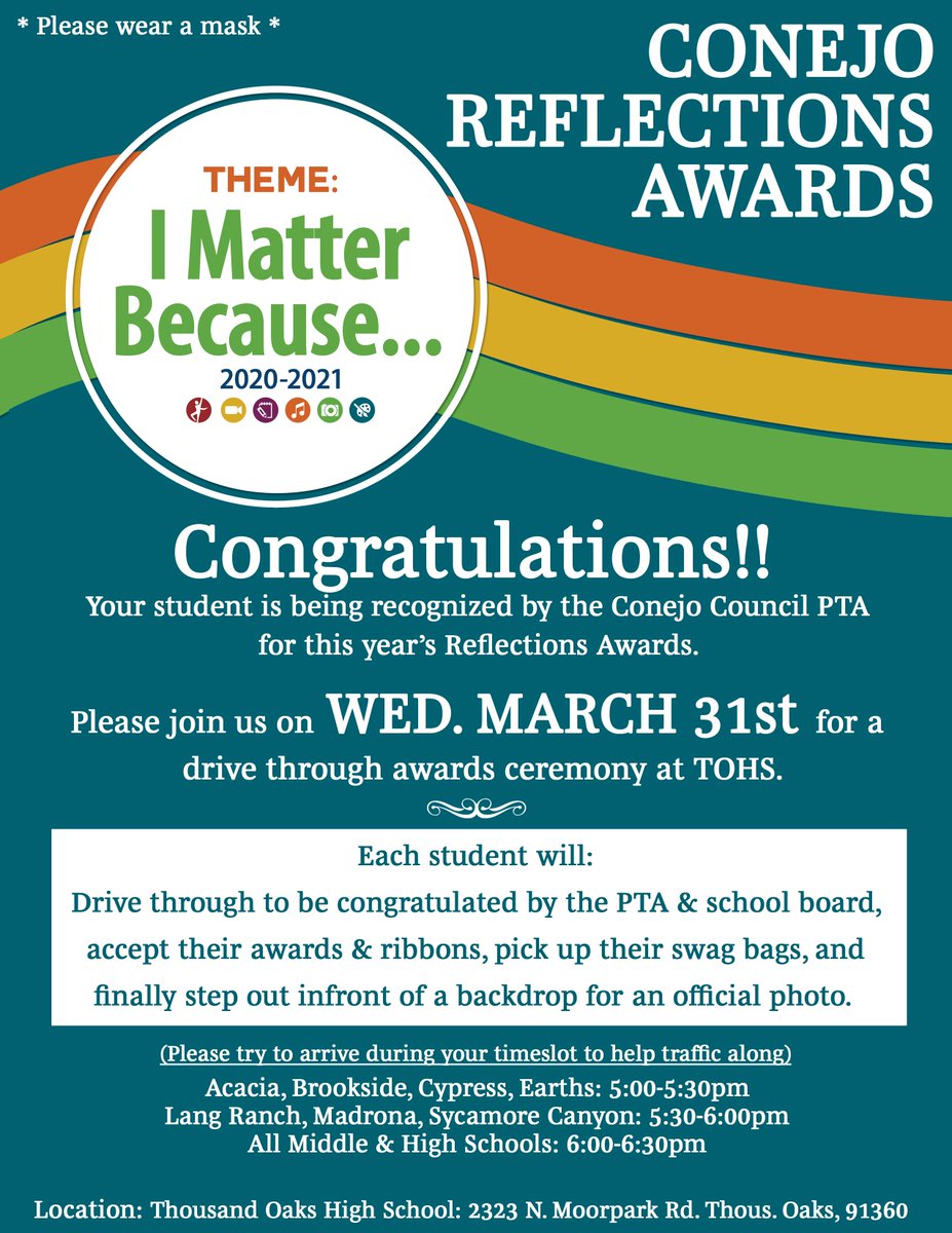 conejopta's tweet photo. Join us on Wednesday March 31st as we celebrate our talented students! The Conejo Council PTA Reflections Arts Program "Drive Thru" Awards will take place between 5pm and 6:30pm at TOHS. https://t.co/UqOQKpsb0o