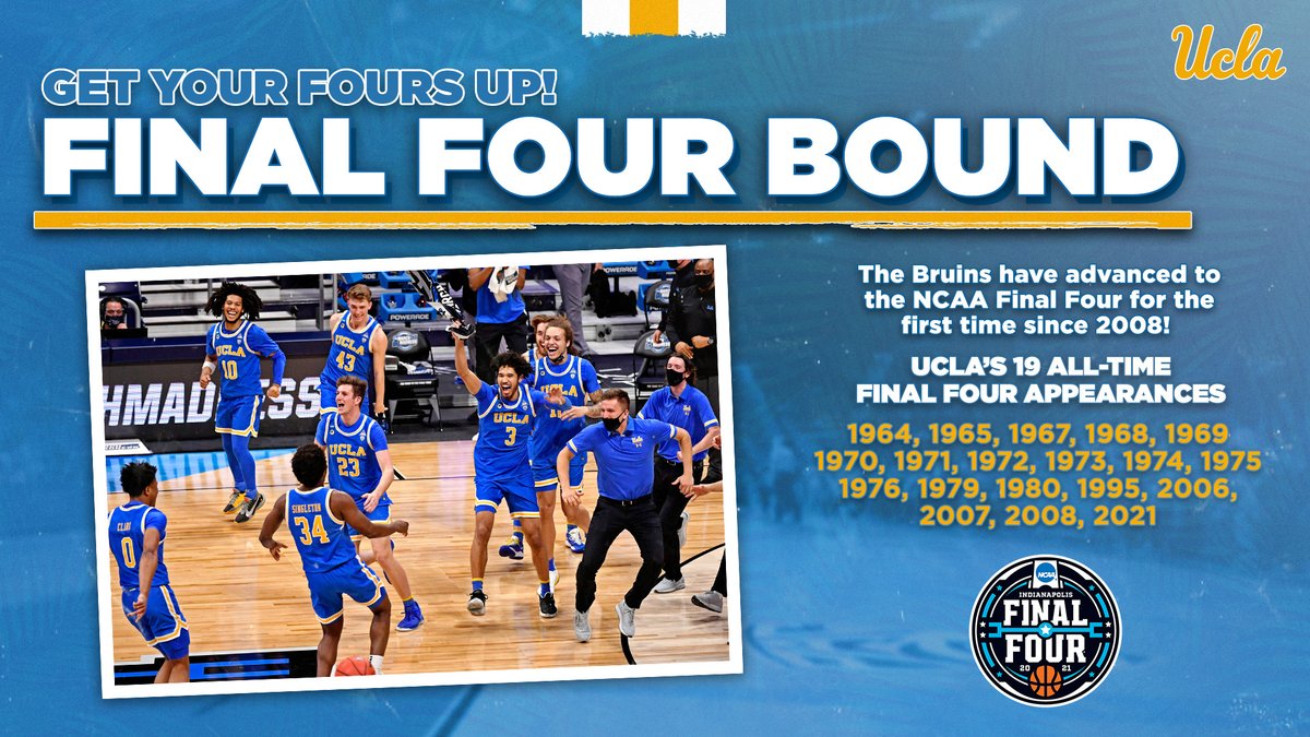UCLAMBB's tweet photo. FINAL. FOUR. BOUND.

Yeah, GET THOSE FOURS UP ‼️

#GoBruins | #MarchMadness https://t.co/1spe9h98K9