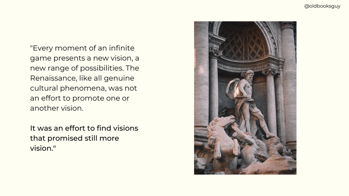 9/ In a finite game you protect boundaries.Examples: In cricket you protect the boundary ropes, in football the goal post.In an infinite game you seek new horizons.A horizon is "simply the point beyond which we cannot see."You never reach horizons, only find new ones.