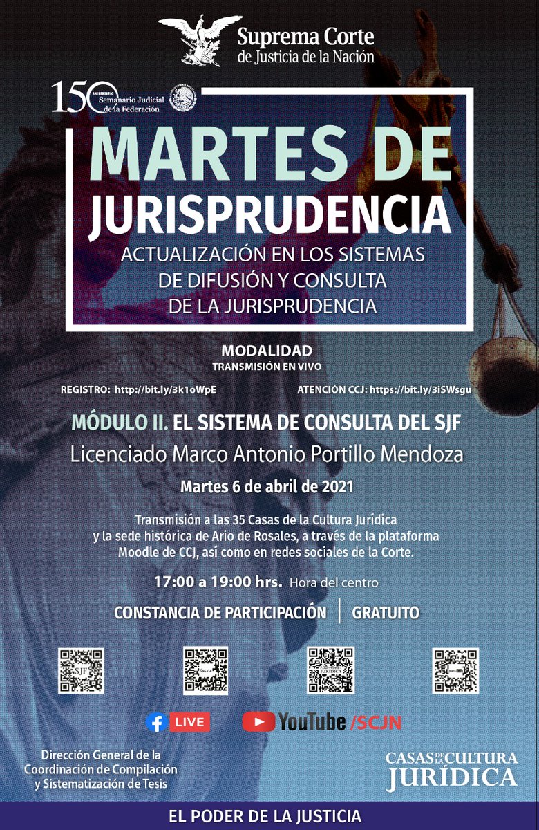 SCJN's tweet photo. No te pierdas martes 6 de abril Módulo II. El Sistema de Consulta del #SJF 

Regístrate: https://t.co/M9N63iYZ7R 
Atención CCJ: https://t.co/HfIcmVQuA0 https://t.co/snfqfZsjL2