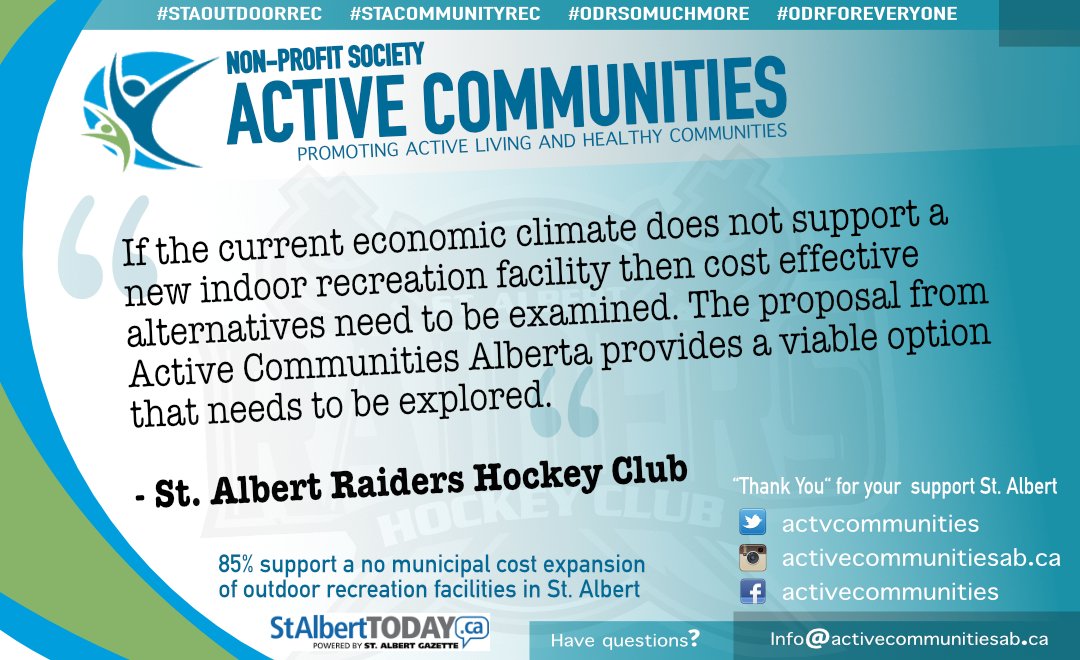 ActvCommunities's tweet photo. “Thank You” St. Albert. More support, this time from the St. Albert Raiders Hockey Club @staraidersclub, who see the Active Communities outdoor recreation project as a viable option which needs to be explored further. Follow our socials to keep up to date. https://t.co/r3SXI9Uezv
