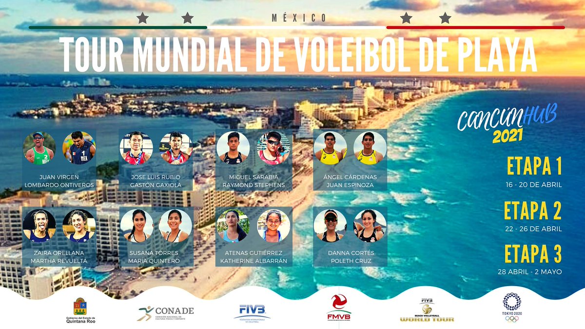 mexvolley_'s tweet photo. 🇲🇽 DELEGACIÓN MEXICANA 🇲🇽

Ellos son los equipos que nos van a representar en el Tour Mundial de Voleibol de Playa en Cancún, Qroo. ¡Mucho éxito! 💪

@FIVBVolleyball
@Norceca_Info
@CONADE
@GobQuintanaRoo
#CancunHub2021 #TourMundial https://t.co/HHNwoJYPIg