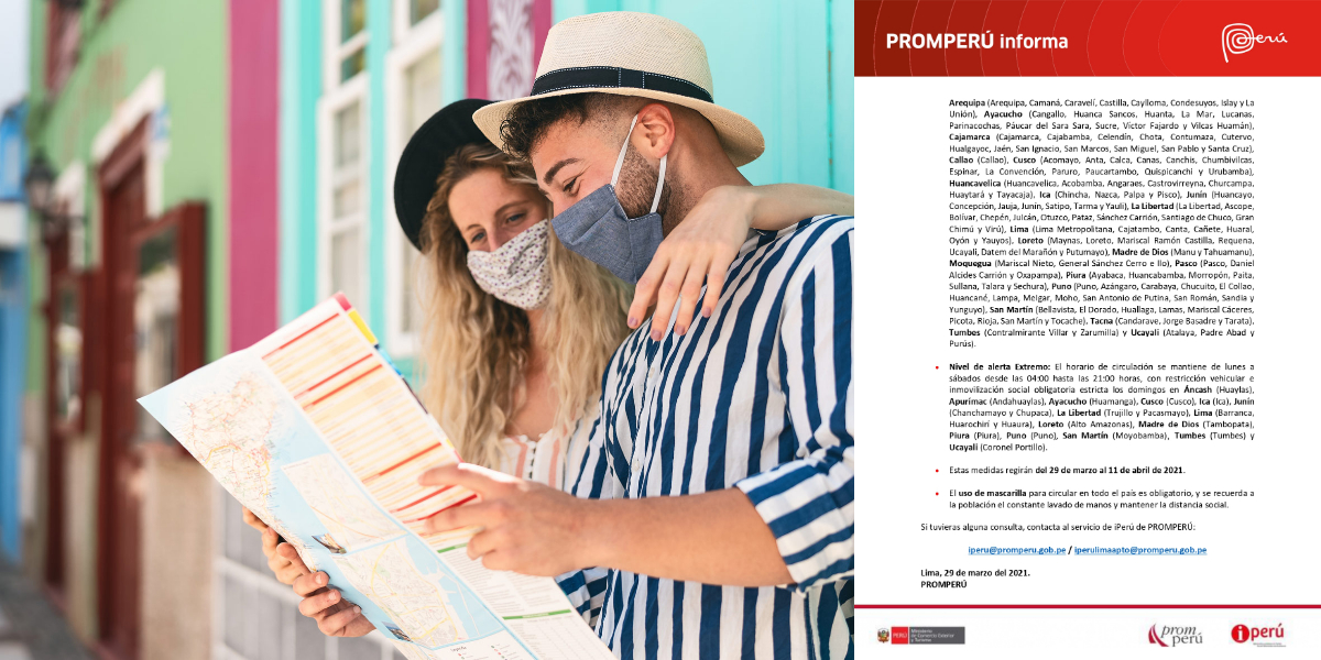 🔊PROMPERÚ informa: Amigo viajero, tu salud es primero!
Conoce las nuevas medidas implementadas por el Gobierno peruano, para enfrentar el COVID-19  🦠, aplica desde el 📆29 de marzo al 11 de abril 2021. [parte 2]