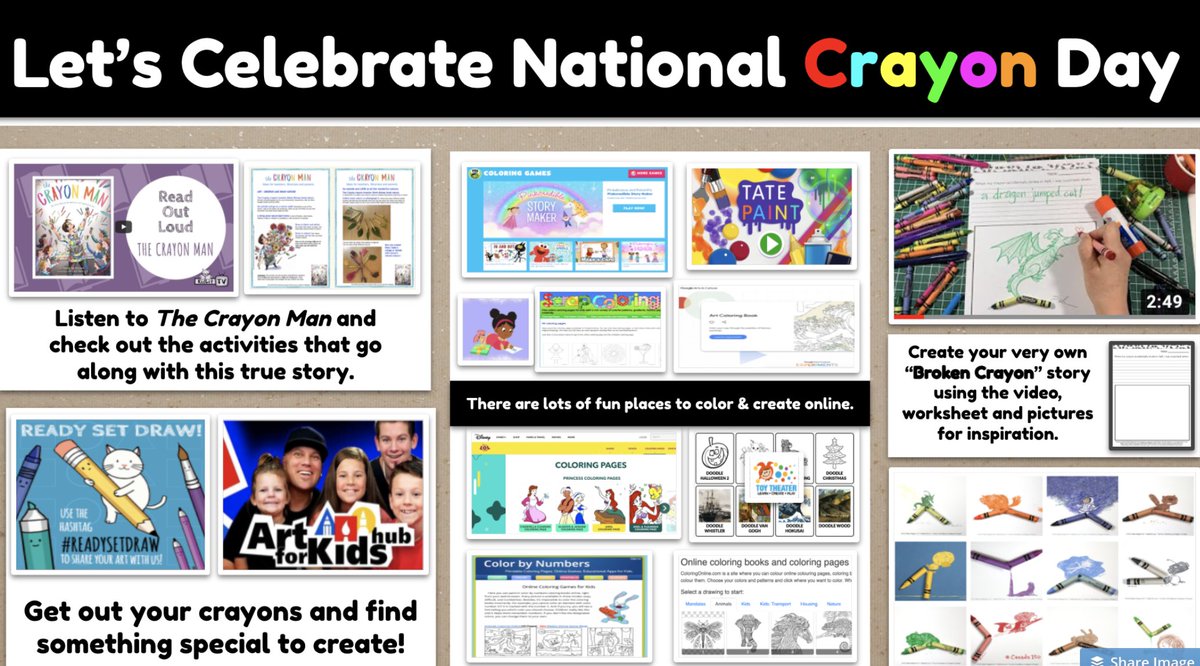 shannonmmiller's tweet photo. It's National Crayon Day tomorrow, friends!  🖍️

Let's celebrate with special activities, books, a choice board and Collection by Destiny! 🎉🎉🎉

https://t.co/y6V4UCpmWK 

#nationalcrayonday #crayonday #futurereadylibs #tlchat #iowatl #edchat #edtech #librarylife #arted #STEM https://t.co/9LhFmEiEyB