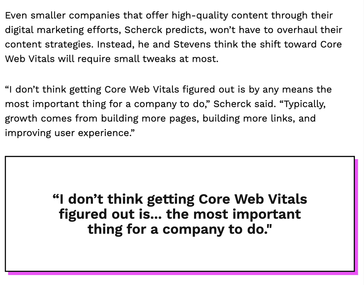JHTScherck's tweet photo. I was quoted in this lovely @MarketerHire article explaining my firm belief that Core Web Vitals is dumb and that if you're going to focus on growth, your focus should be on content and linkzzzzz

https://t.co/rtb6eWeAmB https://t.co/m1bcUcQdwq
