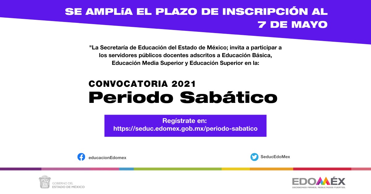 SubdireccionC's tweet photo. AVISO IMPORTANTE 

Compañero maestro, recuerda que el periodo de registro para participar en el Programa de #PeriodoSabático2021 se amplía al 7 de mayo. https://t.co/1u67jOAWMX