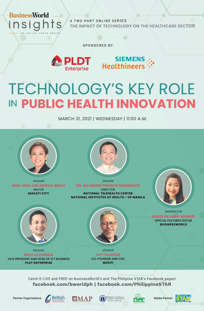 jayfajardo's tweet image. Catch you all later 11am Manila time, for @SparkUpPH’s BW insights: Technology’s Key Role in Public Health Innovation. @medifi #consultfromhome

You can watch this Webinar thru the following links:

web.facebook.com/map.org.ph

web.facebook.com/bworldph

web.facebook.com/PhilippineSTAR