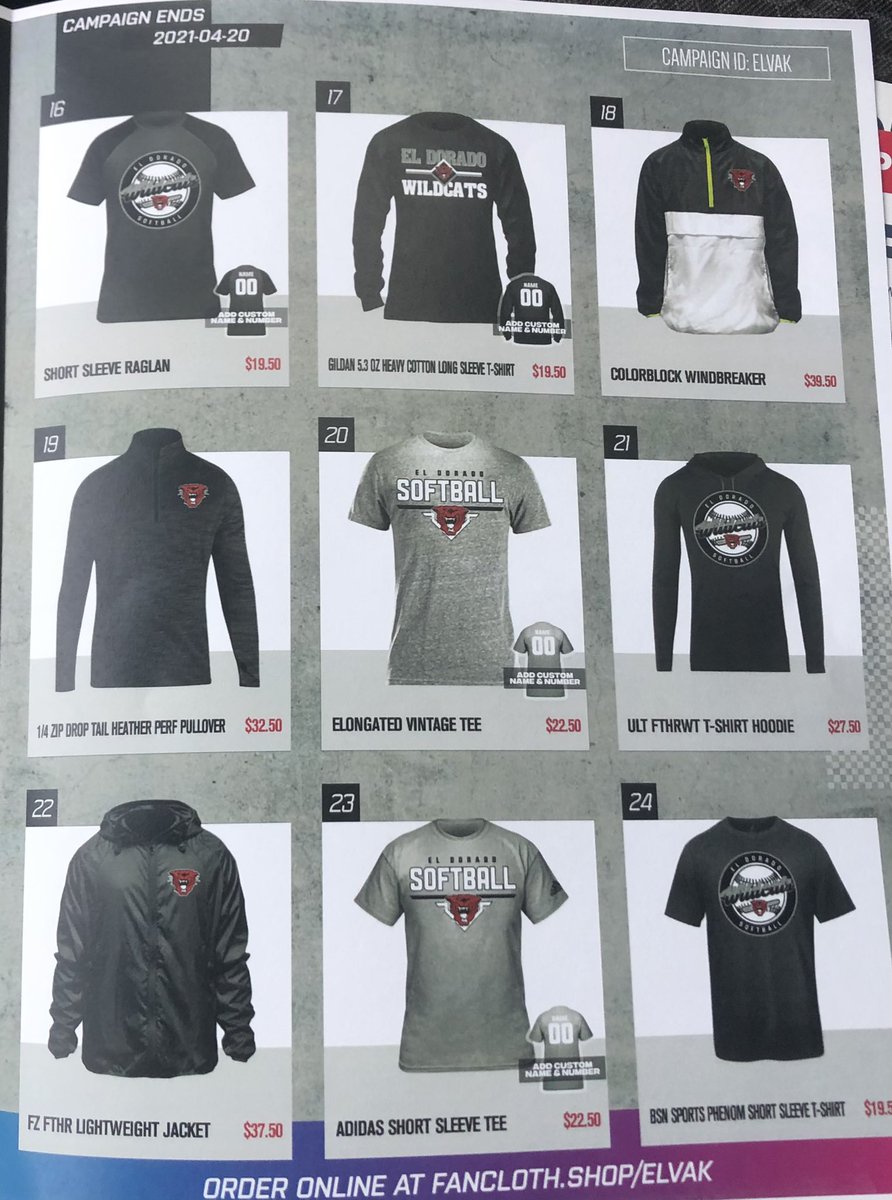 Hey everyone!! Eldo Softball is doing a fundraiser to help us purchase some new equipment to use! linked is a website where you can get any of these items and more! I am only fundraising until next week so let me know what you need asap! fancloth.shop/elvak campaign id: elvak