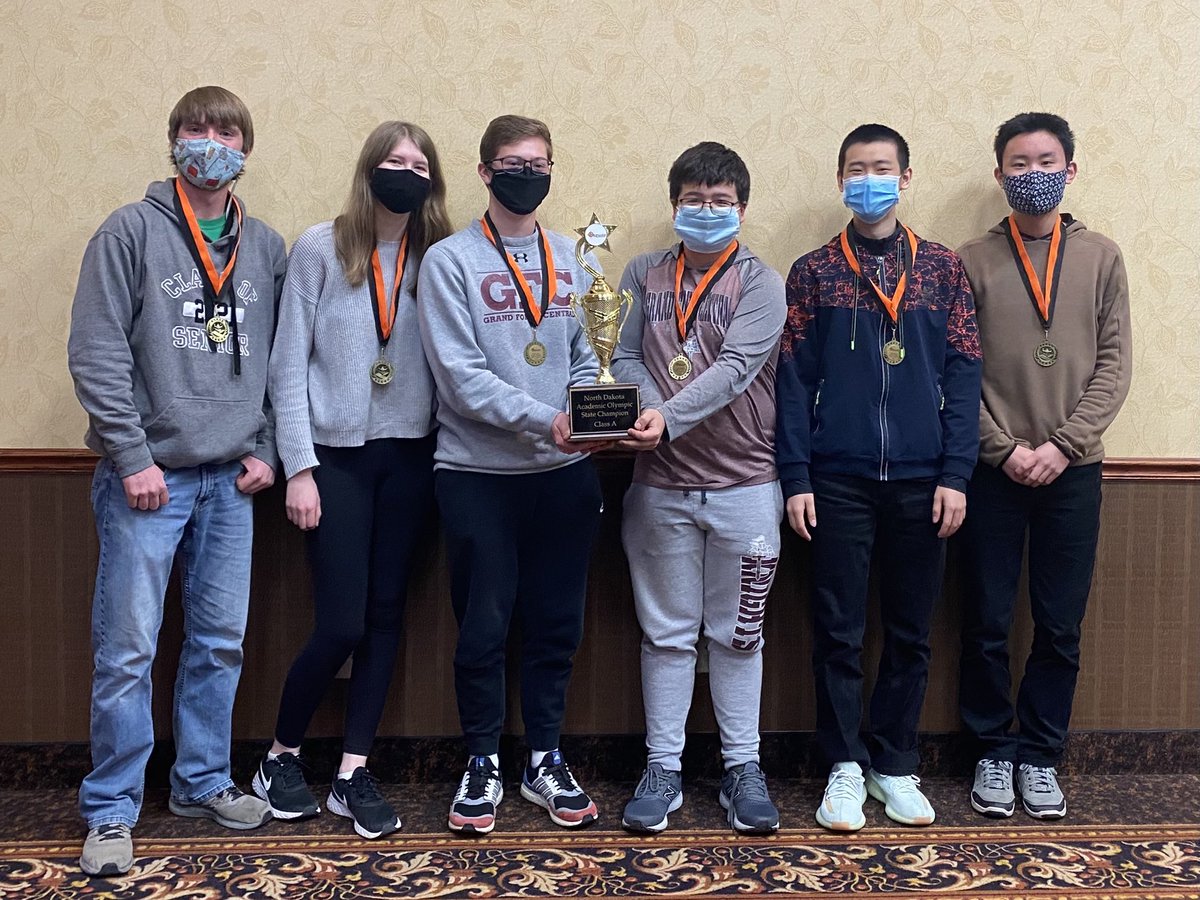 GFC_Activities's tweet photo. Congratulations to the North Dakota State Acalympics champions from… Grand Forks Central!  🏆 J Stevenson, S Niemeier, A Swartz, D Raaum, B Zhang , D Du and advisors Ms Bunde and Mrs Laudal  🥇#OnwardCentral https://t.co/mWd8YkBzwM