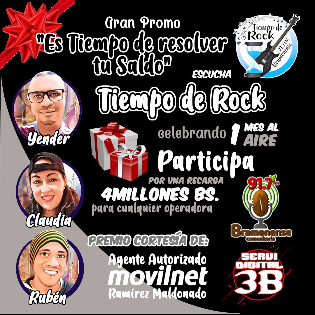 bramonense91's tweet photo. #TiempodeRock,participa y gane escuchando tu programa favorito tiempo de Rock,los días miércoles y viernes de 6:30 a 8:30 pm,@TiempodeRock3
@PequesRadio @NAYALIBURGOS @morantesblanca el dia miercoles escucha los pasos para participar, en tiempo de rock resuelve mi saldo #31Marzo https://t.co/pwbCH9WvmD