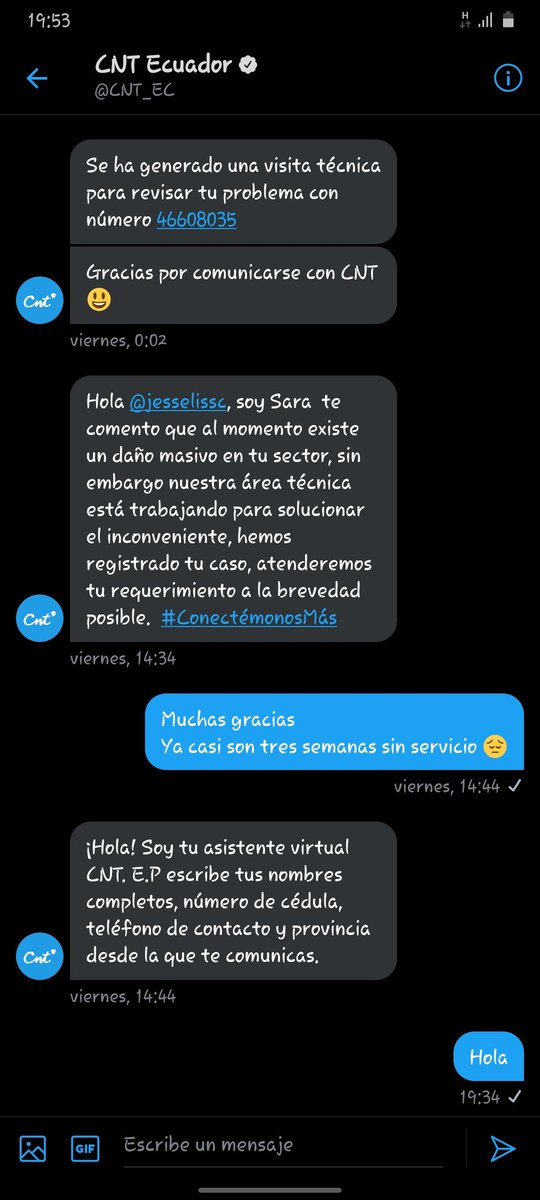 jesselissc's tweet photo. @CNT_EC hola 
Sigo esperando la visita técnica, la planilla de teléfono ya llegó pero sigo sin servicio https://t.co/uFFEzjvtH4