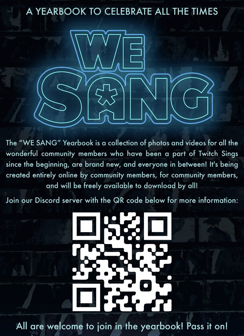 phoenix_face_'s tweet photo. All my Twitch Sings people, there is only ONE DAY LEFT to submit to the We Sang Yearbook! Over 550 people in the discord, but only 200 entries so far. 

March 31 midnight EST will close submissions! Join the discord link below or use the flier QR code:

https://t.co/yytL4NEpLe https://t.co/zW5enC1F5x