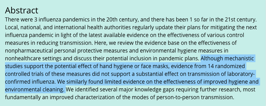 14/The CDC knows they are lying about masks—just as they have lied about the utility of all the other measures. The CDC itself published the following meta review in May 2020 based on all extant RCTs of masking and other NPIs. https://wwwnc.cdc.gov/eid/article/26/5/19-0994_article?fbclid=IwAR0B5G7uCEL5gOKB989joPmiH75VfzGsFdlUl0QSIsd3wET3uxGZl7Bf120