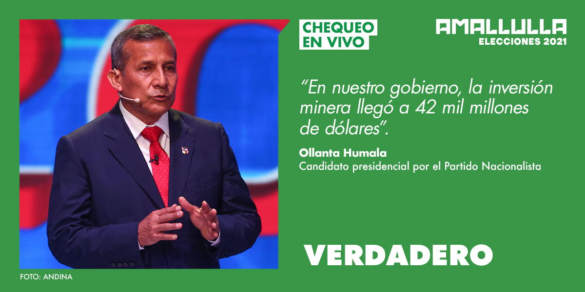 Red_AmaLlulla's tweet photo. #ChequeoEnVivo El candidato Ollanta Humala dijo que en su gobierno la inversión minera llegó a US$ 42 mil millones. Esto es #VERDADERO. La cifra exacta fue US$ 40 mil millones, desde agosto 2011 a julio 2016, según cifras del MINEM. https://t.co/PPBUtcVXlw