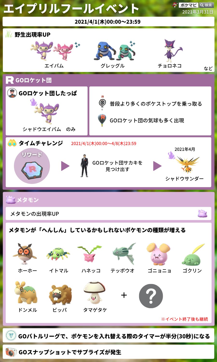 ポケモンgo攻略情報 ポケマピ エイプリルフールイベント 21 4 1 木 午前0時 23時59分 エイパム メタモンなど出現率up Goロケット団したっぱの使用ポケモンがシャドウエイパムだけに Goロケット団が多く出現 メタモンの変身先 ポケモンの種類
