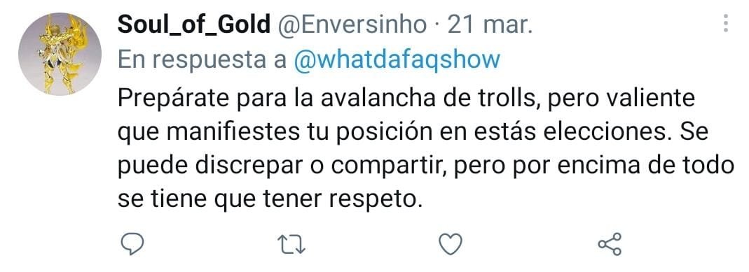 Enversinho's tweet photo. @whatdafaqshow Te dije q vendría la horda de trolls, mantente firme en tu desición y no te dejes avasallar... Cómo siempre se puede compartir o discrepar ideas pero lo peor que puede suceder es que uno mismo atropelle sus ideas. https://t.co/xoEpAEj15G
