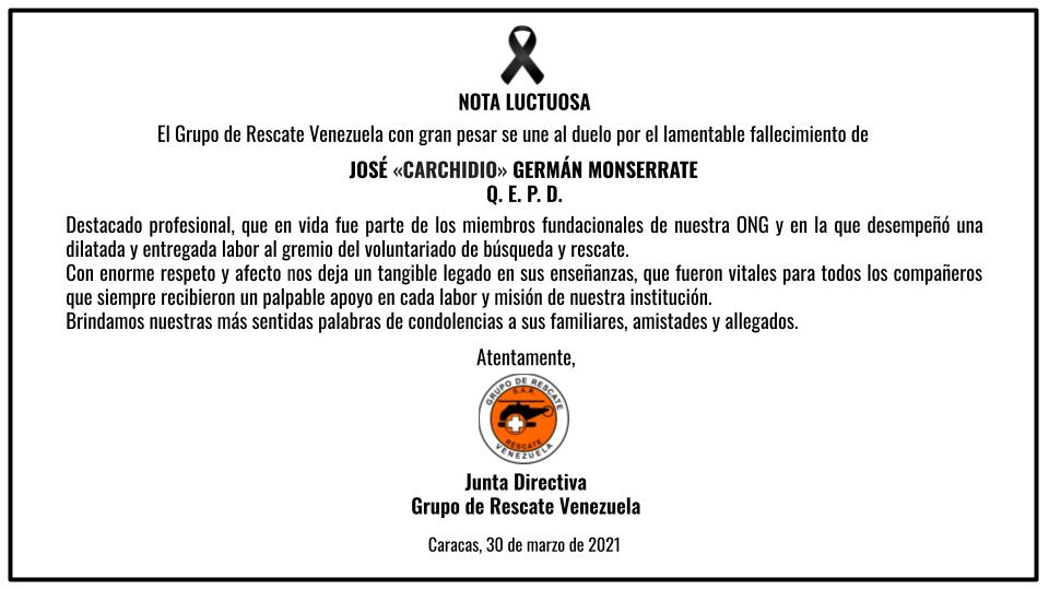 guape's tweet photo. RT rescatevzla: Con enorme pesar nos unimos en duelo por el fallecimiento de, José «Carchidio» Germán Monserrate; quien en vida fue un respetado compañero de labores y miembro fundador de nuestra ONG.
Enviamos nuestras palabras de pésame a sus familiares… https://t.co/YWbHXGOPeU