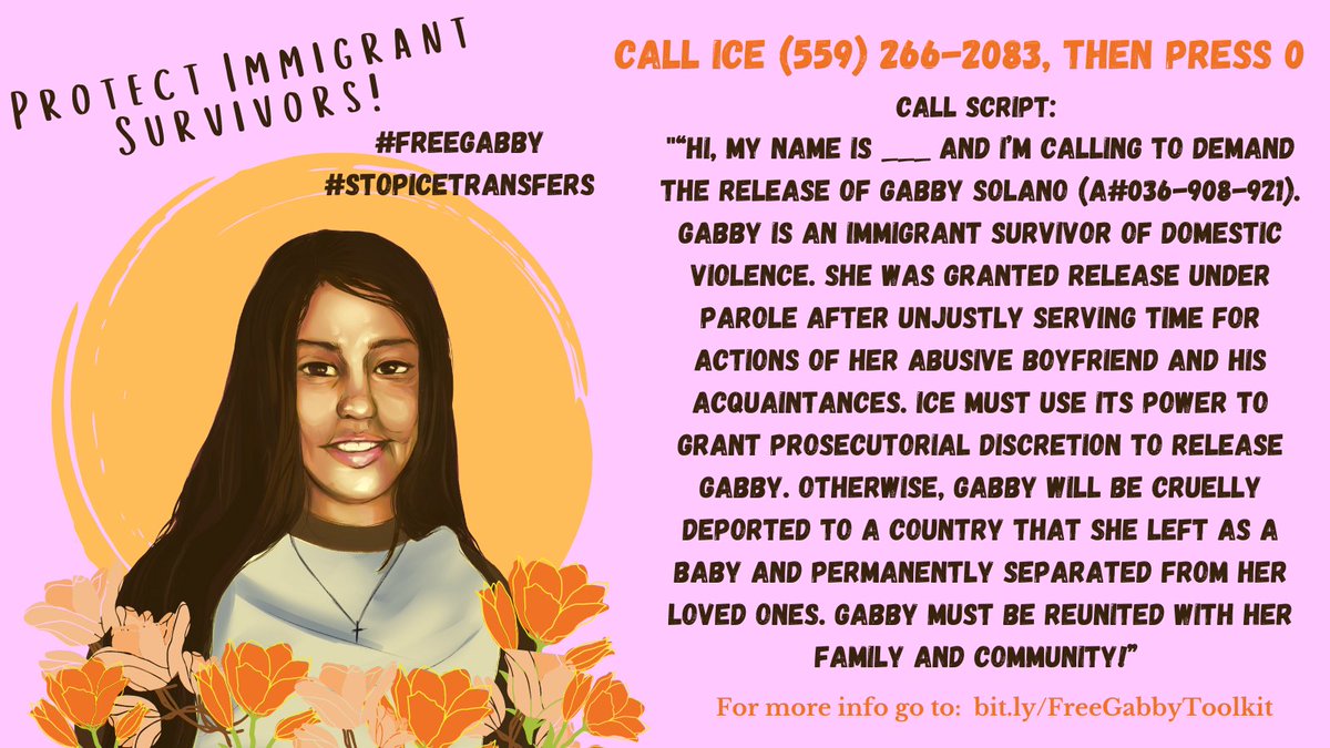 Our prison system doesn't protect survivors of domestic & sexual violence, but in practice puts them in GREATER danger. Gabby Solano was imprisoned for the actions of her abuser, and just now, handed to ICE on her parole date. Flood ICE's line and make calls to #FreeGabby