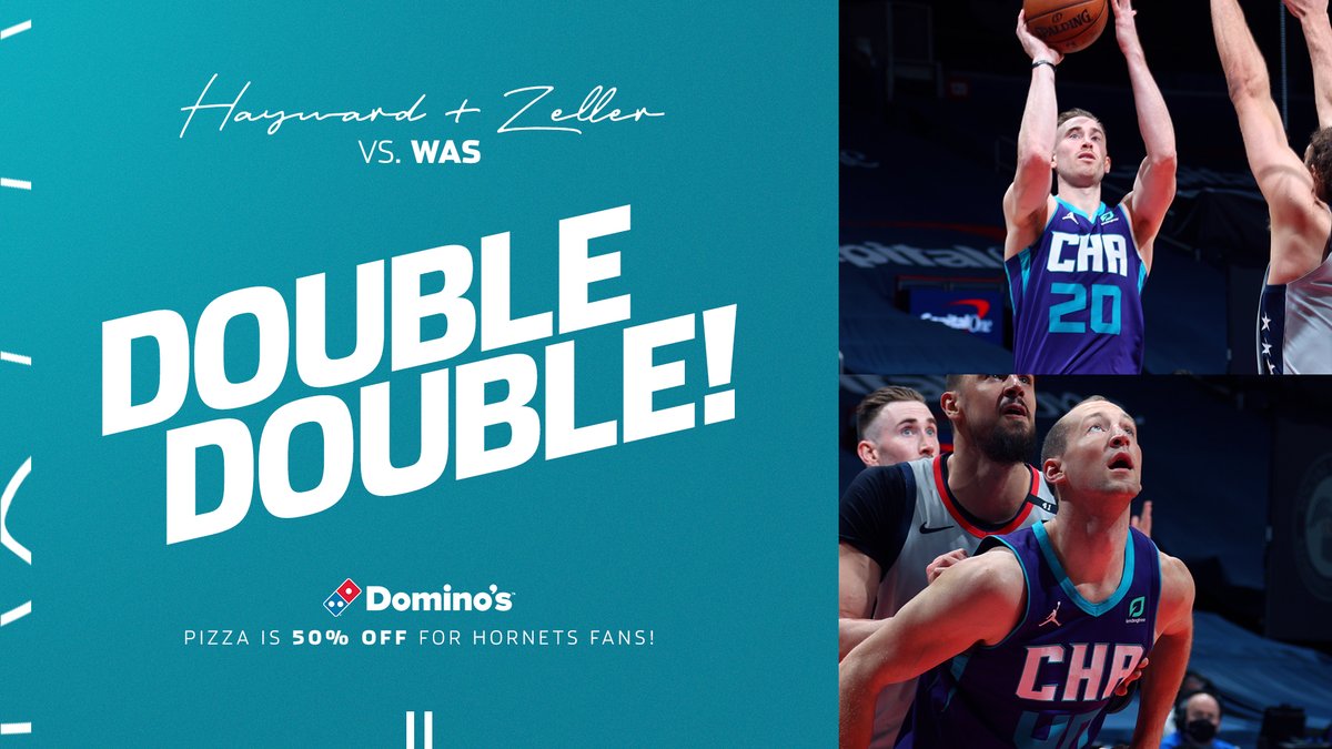 hornets's tweet image. We've got another double-double duo tonight: @gordonhayward &amp;amp; @CodyZeller! 👏🏽 🔥 

Use code HORNETS at @yourlocaldomino tomorrow for 50% off pizza!