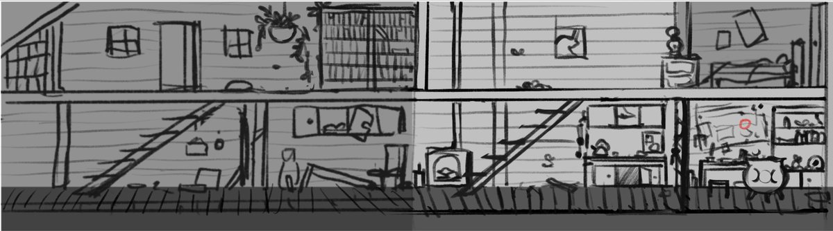 tiredmoonstudio's tweet photo. Initially Grandma's house had two floors! However we decided against having a platforming element in the game. As well grandma has a secret room you had to find a key to unlock!! #indiedev #BehindtheScenes #indiegame #thelittleredlie #conceptart https://t.co/oj2PBIRAQD