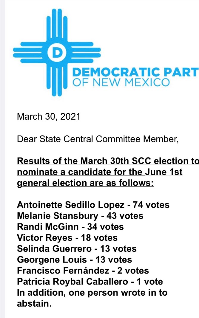 Antoinette Sedillo Lopez, Melanie Stansbury advance to the second round of voting tomorrow <a href="/NMDEMS/">Democratic Party of New Mexico</a>