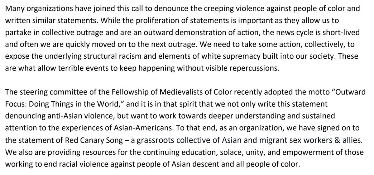 MedievalColor's tweet image. Medievalists of Color condemns the anti-Asian violence in that led to the death of Daoyou Feng, Hyun Jung Grant, Suncha Kim, Paul Andre Michels, Soon Chung Park, Xiaojie Tan, Yong Ae Yue, and Delaina Ashley Yaun. Full statement in solidarity: tinyurl.com/5ex8ft56