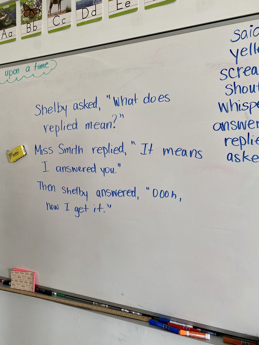 MissGinaLS's tweet photo. We’ve been talking about adding dialogue to our writing, and today we were making a list of conversation words and writing out example convos. My kiddos thought I was the funniest person alive when I wrote out this conversation word for word. 🤷🏻‍♀️ #mpscpssd #PSSDknows https://t.co/dCDM58sEmr