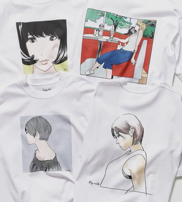 江口寿史「彼女」×BEAUTY&amp;YOUTHコラボTシャツ
フロントプリント2種
バックプリント2種
4月2日から発売開始。 
