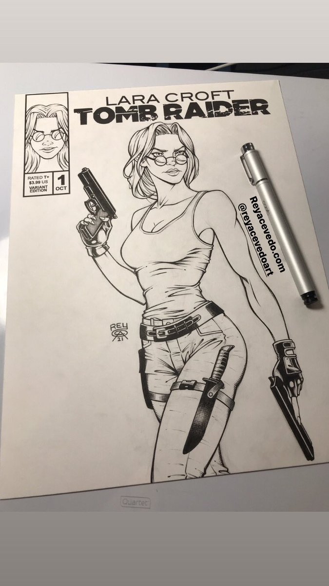 ReyAcevedoArt's tweet photo. W.I.P. Part two, inked this Lara Croft commission on a faux cover. #laracroft #tombraider #laracrofttombraider #laracroftfanart #fanart #commission #copicmultilinersp #comicbookinker #artoftheday #drawing #artwork #comicbookart #comicbookartist #comicbookartwork #reyacevedoart https://t.co/htWCiXrQ2k