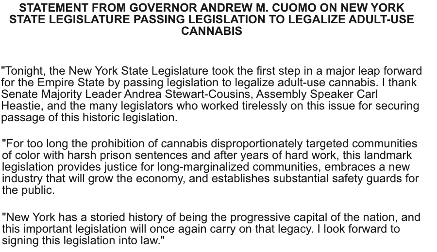 My statement on the legislation passed tonight by the NYS Legislature to legalize adult-use cannabis: