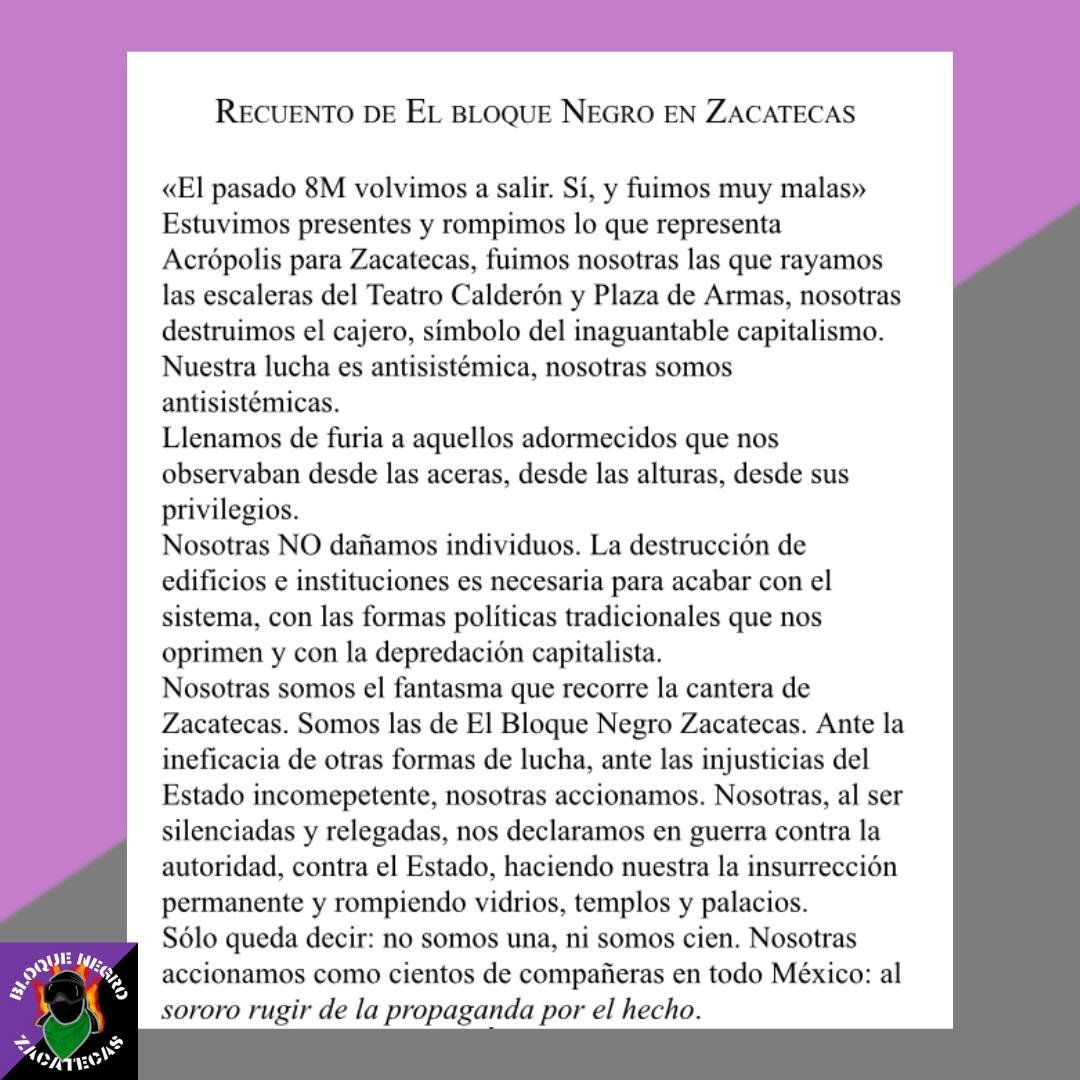 BloqueNegroZac's tweet photo. Las acciones de este 8M, fuimos nosotras, no nos escondemos, ¡FUIMOS TODAS!, acuerpamos y damos la cara por nuestra compa expuesta, no está sola. Somos todas. Somos Bloque Negro.

#fuimostodas #8M2021 https://t.co/G9VgO1SU4c