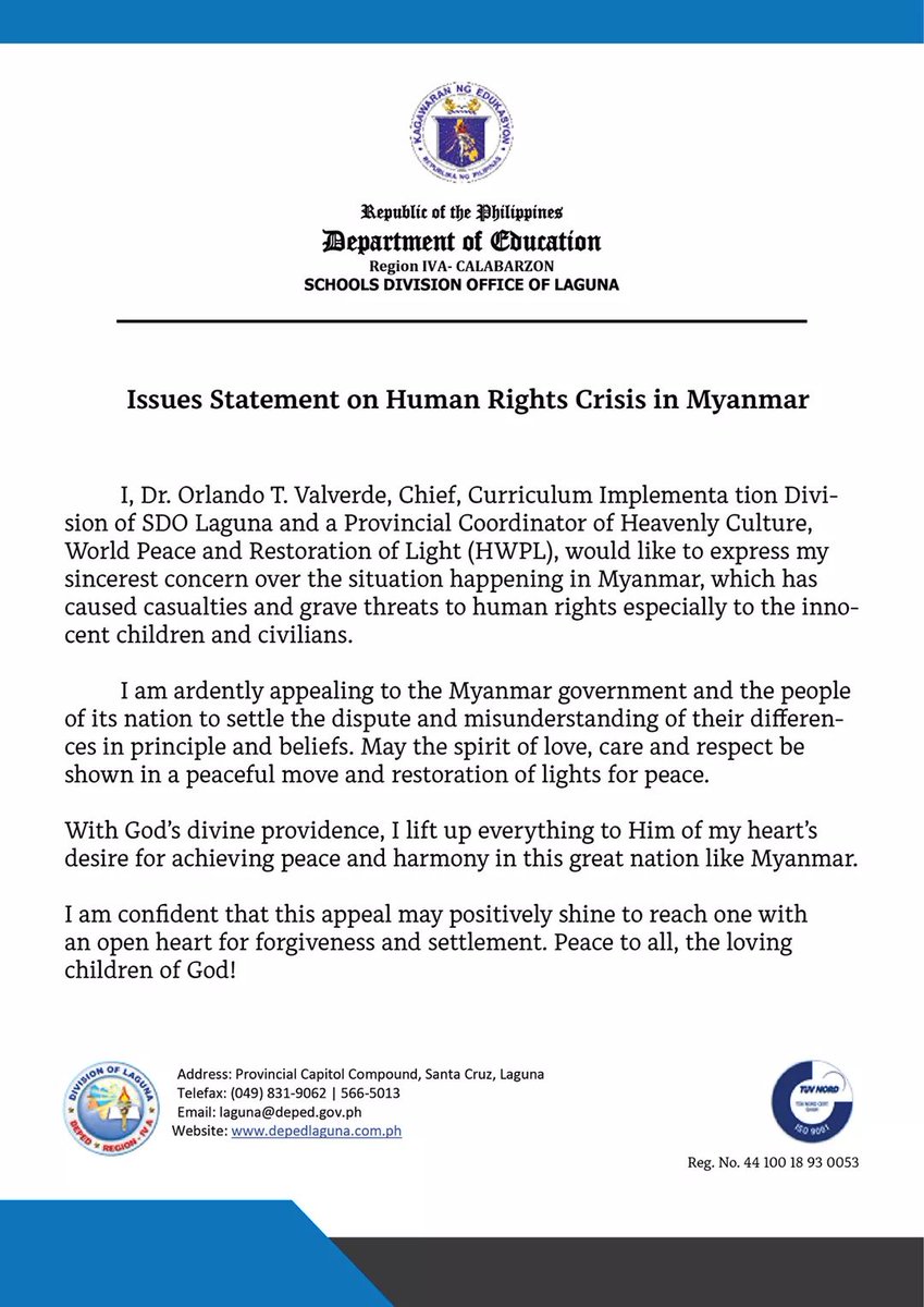 hwpl_ph's tweet photo. Thank you Dr. Orlando T. Valverde, Chief of the Curriculum Implementation Division of SDO Laguna for being one with HWPL in appealing to the Myanmar government and nation, carrying the same hope for peaceful resolution.

#SaveMyanmar  #savechildreninmyanmar #StandWithMyanmar https://t.co/f2ezys9xq2