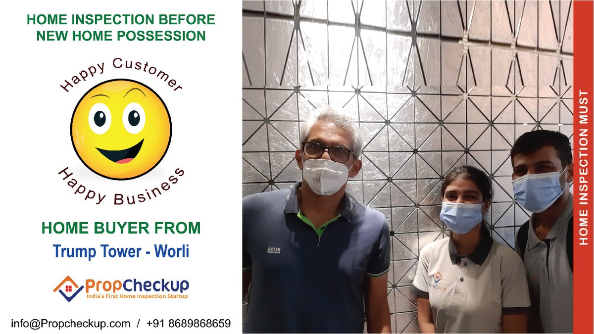 PropCheckup's tweet photo. Helping #home_buyers with Home Inspection service during #new_home _Possession . Ensure safe & defects free New home possession.
Our Happy customers from #Trump_tower - Worli
#propcheckup #mumbai #pune #startup
๐ https://t.co/PyUfd3BDjU
๐ฉ info@propcheckup.com
๐ +91- 8689868659 https://t.co/RbVqBqBGFM