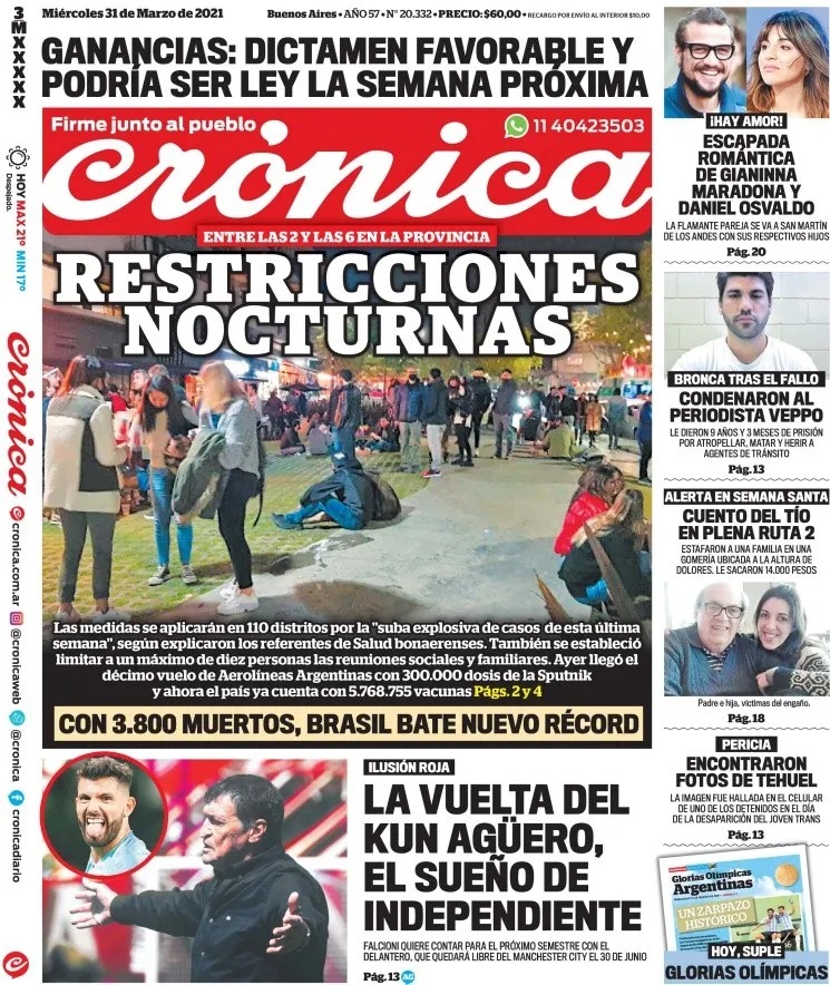 Cronica_ok's tweet photo. La tapa: #Ganancias Dictamen favorable y podría ser ley la semana próxima; #Coronavirus Restricciones nocturnas; #Independiente El sueño de la vuelta del Kun Aguero; Escapada romántica de Daniel Osvaldo y #GianinnaMaradona y Condenaron al periodista #Veppo https://t.co/35PxU2D6rX