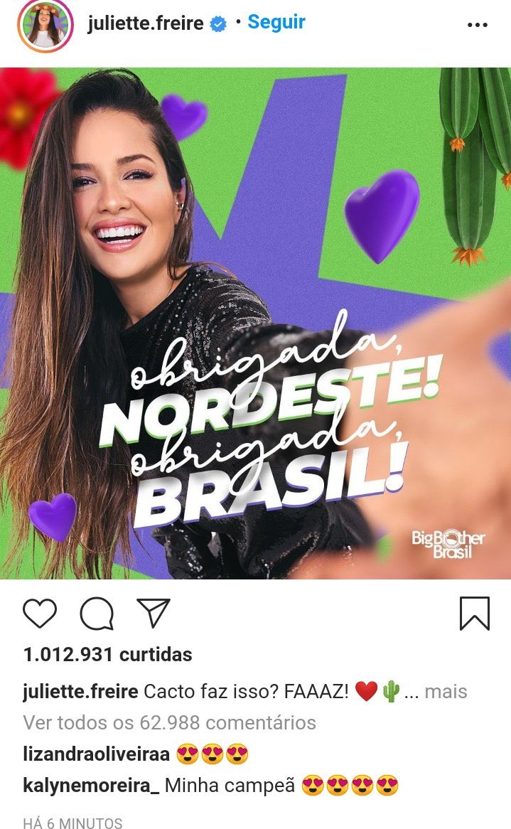 JulietteFreirre's tweet photo. SEIS MINUTO E A FOTO TEM MAIS DE 1M!
 #BBB21 https://t.co/E638wyN51b