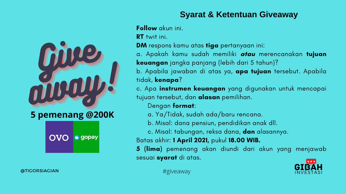 tigorsiagian's tweet photo. 🧧 GIVEAWAY ALERT🚨
---------------------------
BUKAN April Mop!
---------------------------
Menyambut bulan April 2021, saya mau memberikan saldo GoPay/OVO sebesar Rp 200.000 bagi 5 orang yang beruntung.

Dengan syarat: Follow, RT dan DM jawaban sesuai S&amp;K terlampir.

Good luck! https://t.co/FWfjhLNc5Z