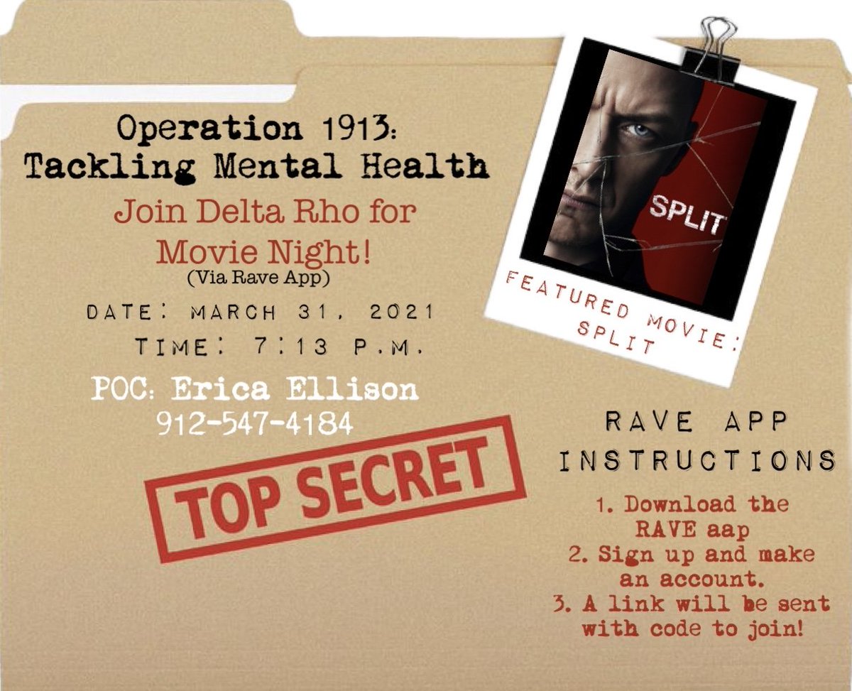 Deltarho52Dst's tweet image. Mental health is top priority🗞 Join us tomorrow as we watch a top rated film related to schizophrenia called “Split”. The movie will be viewed via the app RAVE. #Operation1913 🚨 Tackle mental health.
#ΔPChronicles #DeltaWeek2021