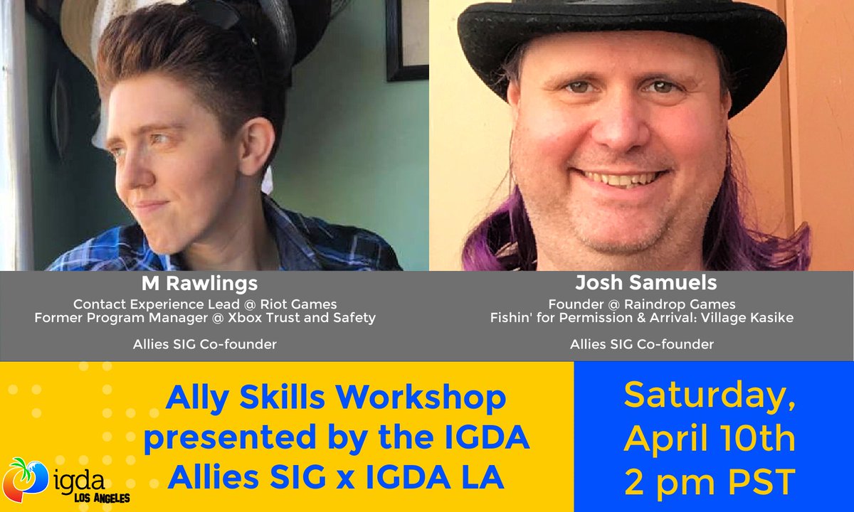 IGDALA's tweet photo. The IGDA Allies SIG and IGDA LA are cohosting an Ally Skills Workshop which teaches simple everyday techniques people can use to make their workplaces more inclusive. Sign up and learn how to take effective action to make your workplace better!

https://t.co/n9GVTjzRS9 https://t.co/cI3V4l7bxt