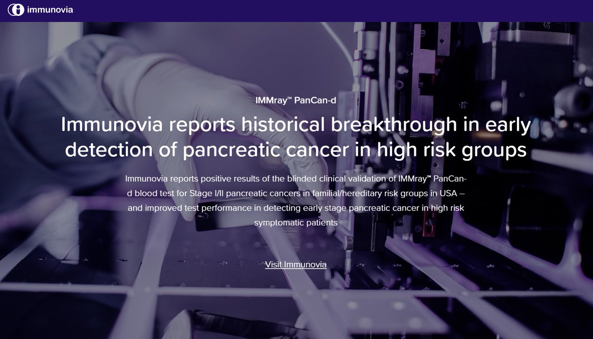 immunovia's tweet photo. Immunovia reports historical breakthrough in early detection of pancreatic cancer in high risk groups. Please visit and share our dedicated site with the latest results. https://t.co/odXHlciV3s
#earlydetection #pancreaticcancer #immray https://t.co/39zIcHJq7K
