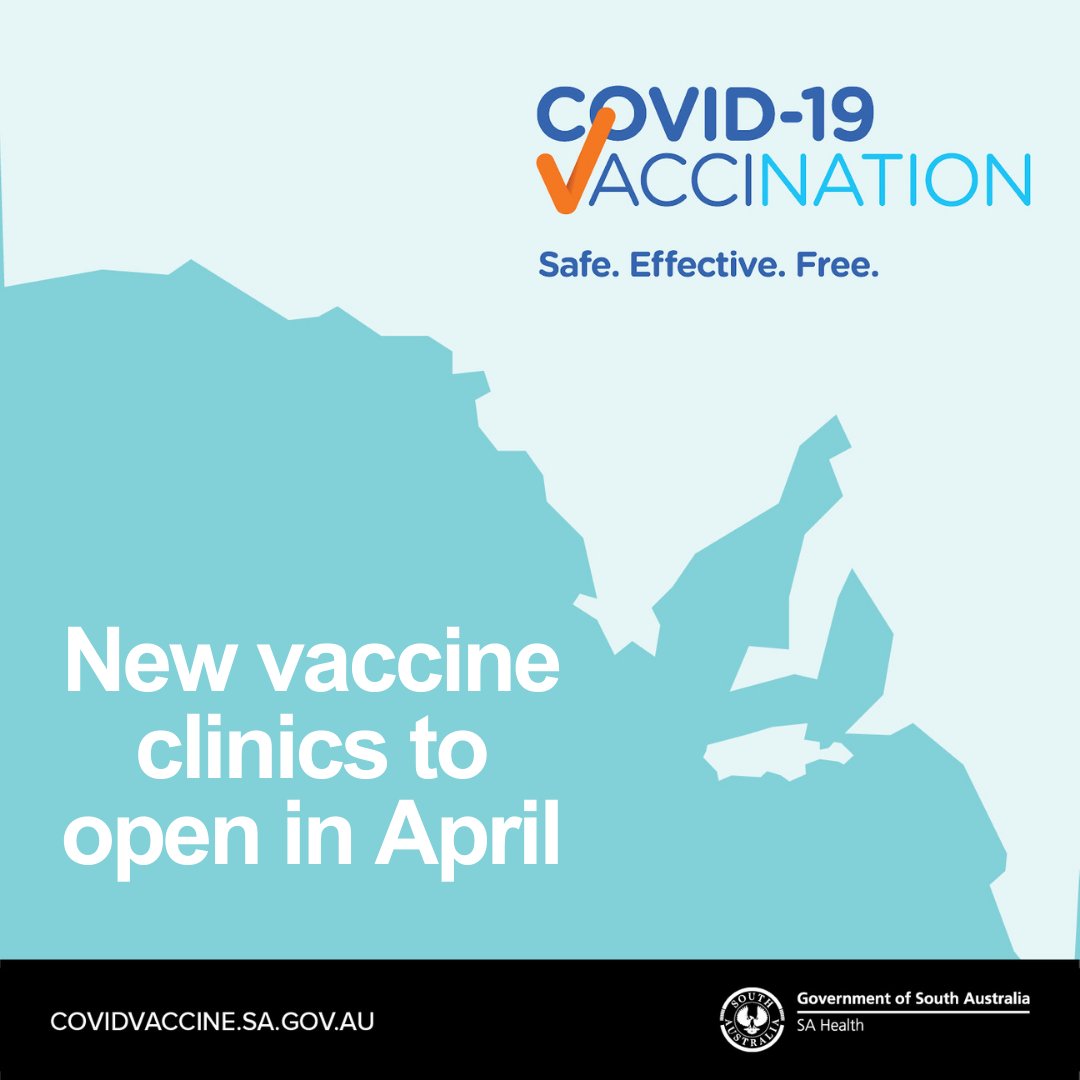 SAHealth's tweet photo. A range of clinics are planned to open in April, including:
▪An Adelaide Showgrounds vaccination hub for healthcare staff and emergency workers.
▪Community clinics at Port Lincoln and Mount Gambier.
▪A vaccination team will be sent to Kangaroo Island. 
https://t.co/Oy5WS9jBfv https://t.co/Xsj9kgo0UF