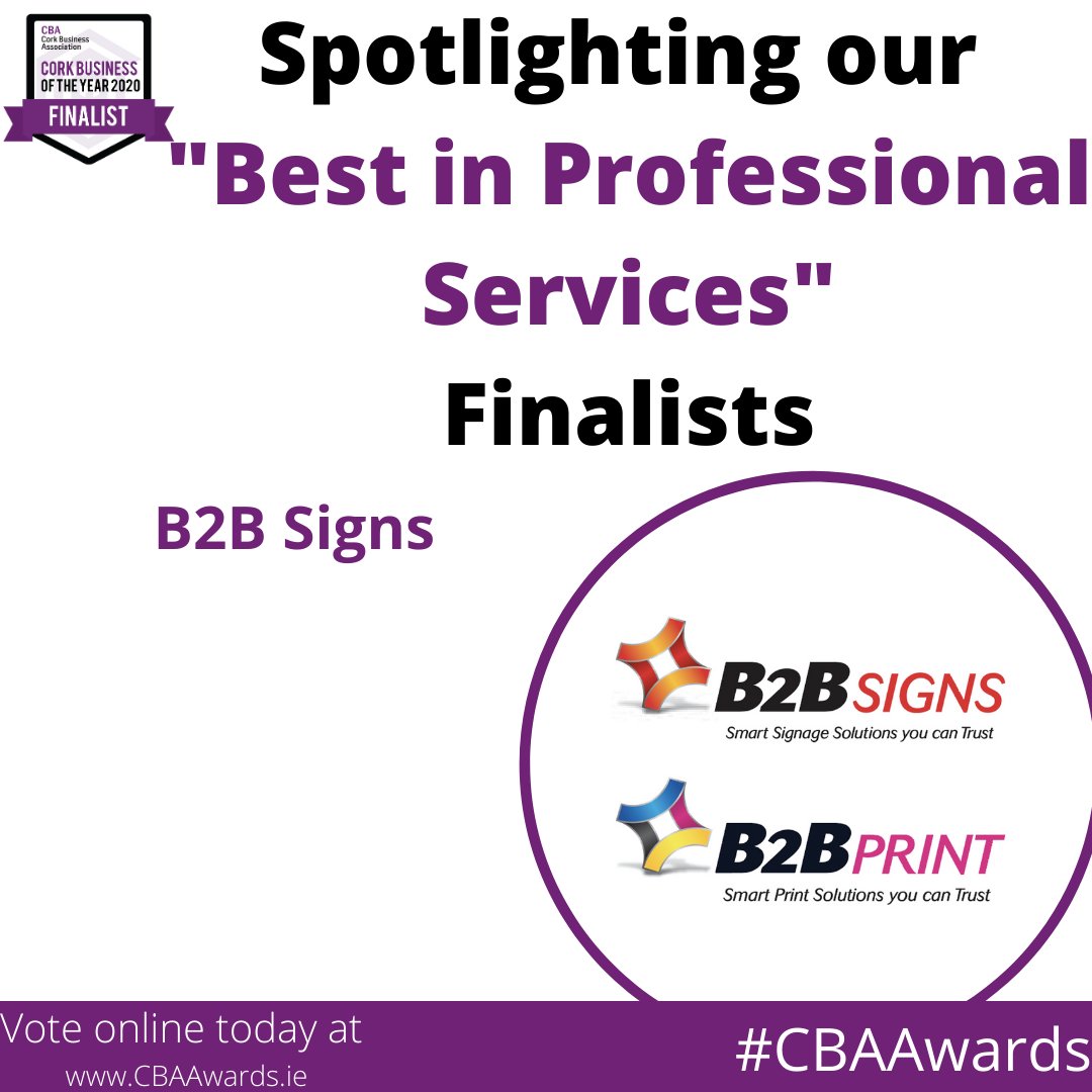 Spotlight on <a href="/B2BSignsPrint/">B2B Signs & B2B Print</a> -Best in Professional Services Finalists at #CBAAwards

B2B offer design, printing and signage services and apply themselves 100% to every project. B2B is number 1 on google for ‘Covid-19 Signs Ireland’.  

More @CBAAwards.ie. Sponsored by <a href="/LEOCorkCity/">LEO Cork City</a>