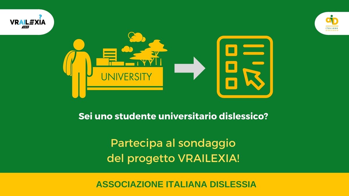 Sei uno #studente #dislessico maggiorenne di scuole #superiori, #università o laureato/a da meno di cinque anni? Partecipa al sondaggio di <a href="/vrailexia/">VRAIlexia project</a>, progetto di <a href="/unitusviterbo/">Università degli Studi della Tuscia</a> per realizzare una piattaforma che riconosca i problemi di studenti con #DSA.
bit.ly/vrailexia_surv…