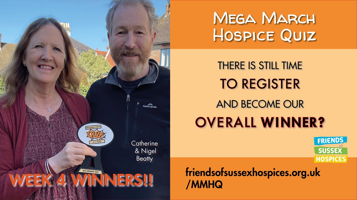 Congratulations to the Winners of Quiz 4 in the Mega March Hospice Quiz - Catherine &amp; Nigel Beatty!  Also well done to runners-up for this week - Start Communications.  Thank you to everyone else who took part. #hospicecare #sussex #quiz