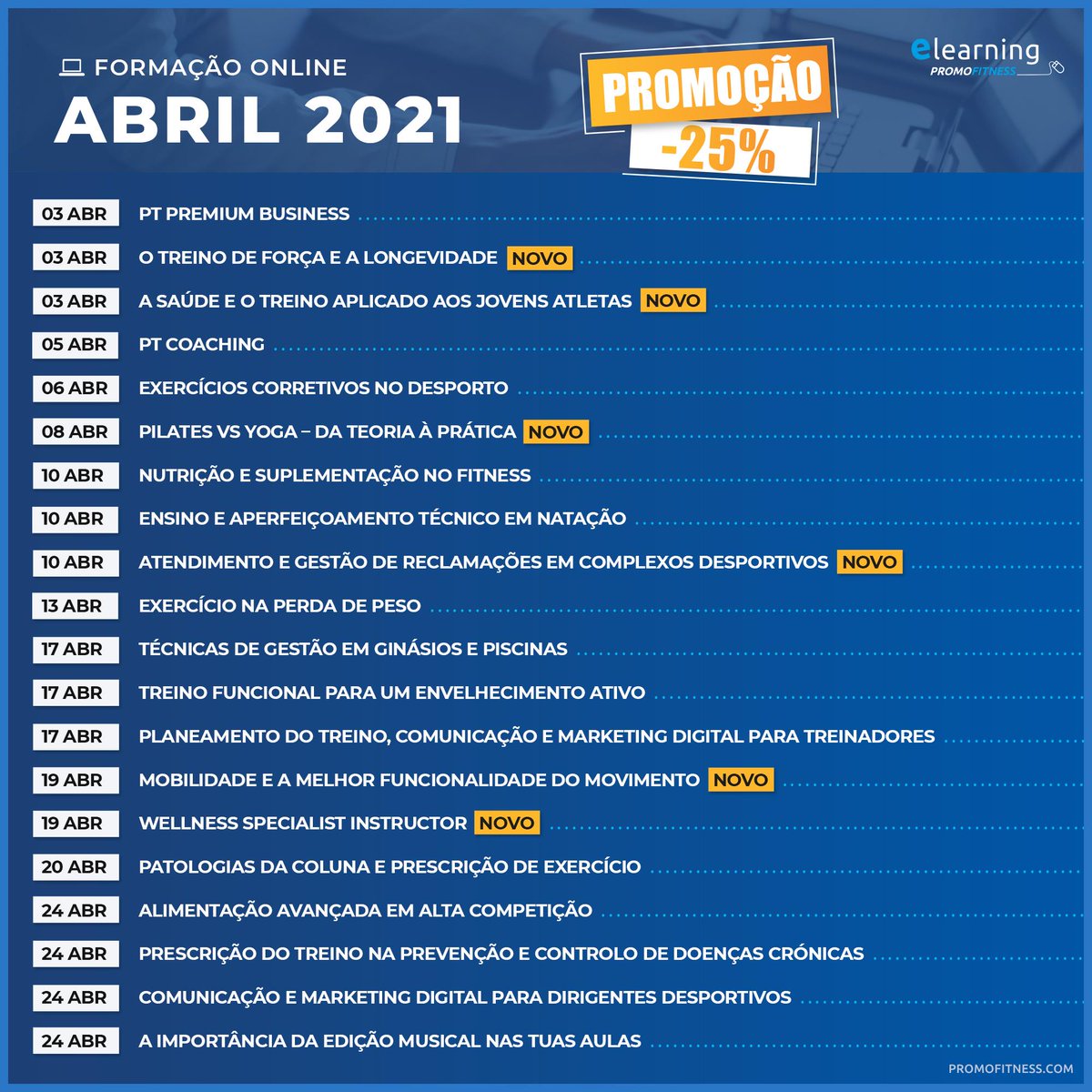Promofitness's tweet photo. 📅 💻 Consulte a nossa agenda de cursos online para Abril de 2021.

⏰ Aproveita o desconto de 25% em todas as formações certificadas!!

Mais informações:
👉 https://t.co/GLYjCs3dYH

#promofitness #formação #cursosonline #fitness #treinodesportivo #promoção #eLearning https://t.co/7cEML8iF92