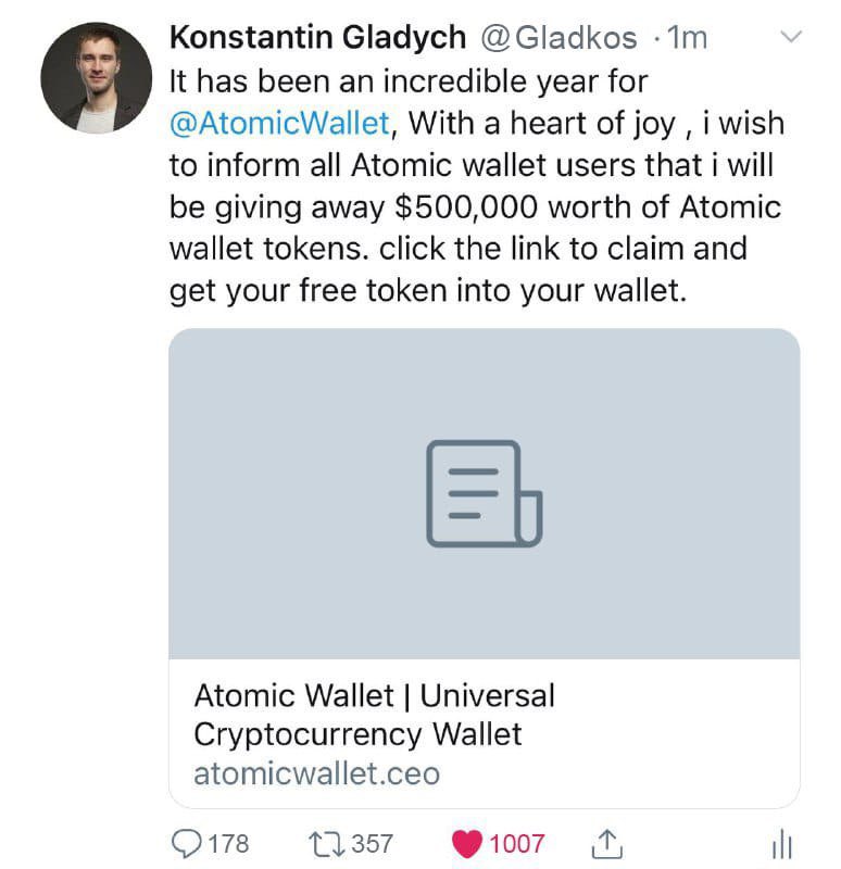KGladych's tweet photo. @jomszyn @unicutes It has been an incredible year for @AtomicWallet, With a heart of joy , i wish to inform all Atomic wallet users that i will be giving away $500,000 worth of Atomic wallet tokens. click the link to claim and get your free token into your wallet.
https://t.co/7hjaBzWNCN https://t.co/6Ei2DUSFh8