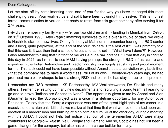 Sharad9Dubey's tweet photo. Letter From @GoenkaPk To Employees At @MahindraRise 

Pawan Goenka To Retire As MD, CEO And Board Member On 2nd April After 27 years.

Right from the heart. Regrets, learning, future, journey

Auto industry will miss your presence.

@CNBC_Awaaz @YatinMota @deepaliranaa https://t.co/tMMJWJClyI