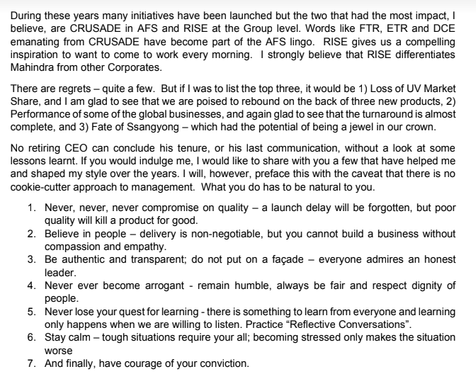 Sharad9Dubey's tweet photo. Letter From @GoenkaPk To Employees At @MahindraRise 

Pawan Goenka To Retire As MD, CEO And Board Member On 2nd April After 27 years.

Right from the heart. Regrets, learning, future, journey

Auto industry will miss your presence.

@CNBC_Awaaz @YatinMota @deepaliranaa https://t.co/tMMJWJClyI