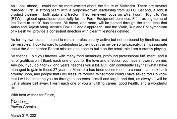 Sharad9Dubey's tweet photo. Letter From @GoenkaPk To Employees At @MahindraRise 

Pawan Goenka To Retire As MD, CEO And Board Member On 2nd April After 27 years.

Right from the heart. Regrets, learning, future, journey

Auto industry will miss your presence.

@CNBC_Awaaz @YatinMota @deepaliranaa https://t.co/tMMJWJClyI