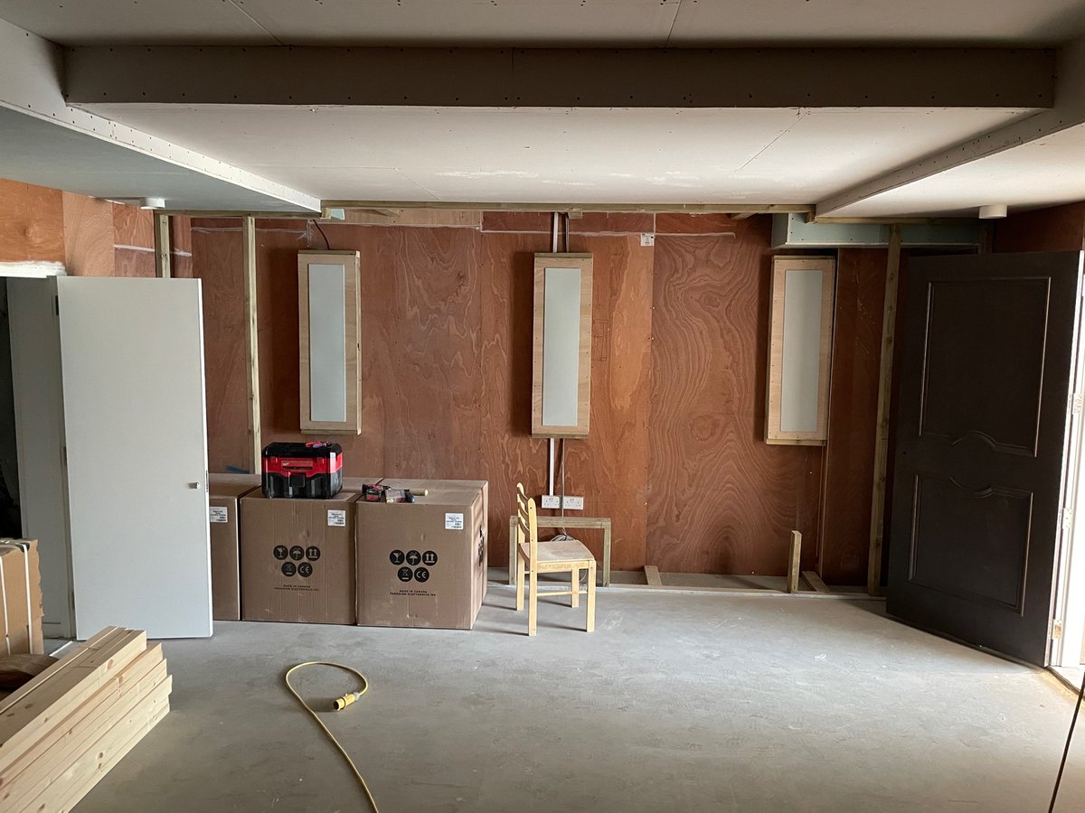 SimplyMatthews's tweet photo. Another update from our Moor Park Project. Staging is built ready for carpet and @fortressseating Kensington. The @casamance_official fabric is being treated ready for the upcoming installation  #luxury #bespokefurniture #cinema #smarthome #speakers https://t.co/iGCLhjLwMG